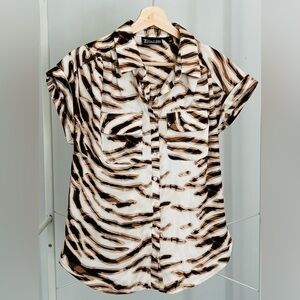 New York & Company Black and Brown Zebra Print Button-Down Shirt